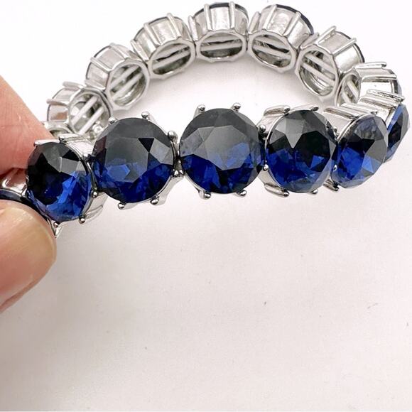 Charter Club Stretch Bracelet Blue Crystals Silver Tone Oversized Preppy Jewelry - Picture 6 of 9